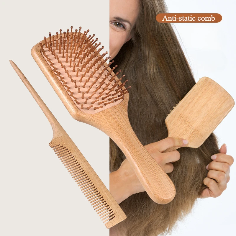 2 Pcs/set Hair Comb Set Eco-friendly Bamboo Wooden Air Cushion Massage Comb for Adult Children Wide Tooth and Pointed Tail Cmb