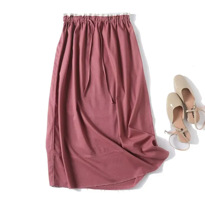 

Jenny&dave Summer French Country Style Cotton And Linen Pink Midi Skirt Ruffled Color Matching High Waist Straight Skirt Women