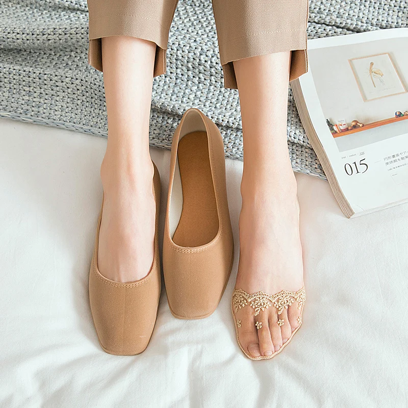 

2023 NEW 3 Pair Women Sock Summer Slippers Short Solid Color Nylon Lace Non-slip Breathable Invisiable Silicone Mesh Socks