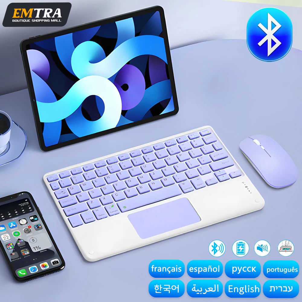 Teclado Touchpad Bluetooth EMTRA, Android, IOS, Tablet Xiaomi, iPad Air, Mini Pro, Espanhol, Francês, Português, Russo