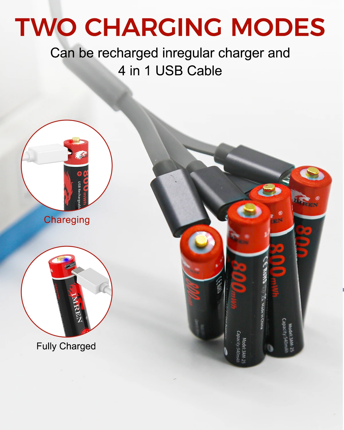 IMREN 4PCS AAA แบตเตอรี่1.5V Li-Ion AAA แบตเตอรี่ชาร์จ USB 800MWH 3A Aaa ไฟฉายแบตเตอรี่4PC ที่ใส่แบตเตอรี่ AAA