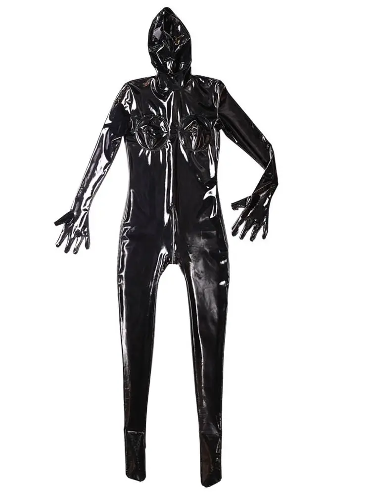 Medias de PVC con capucha para Cosplay, Catsuit Zentai brillante de cuero PU con cremallera y entrepierna abierta, body Sexy con dedos separados