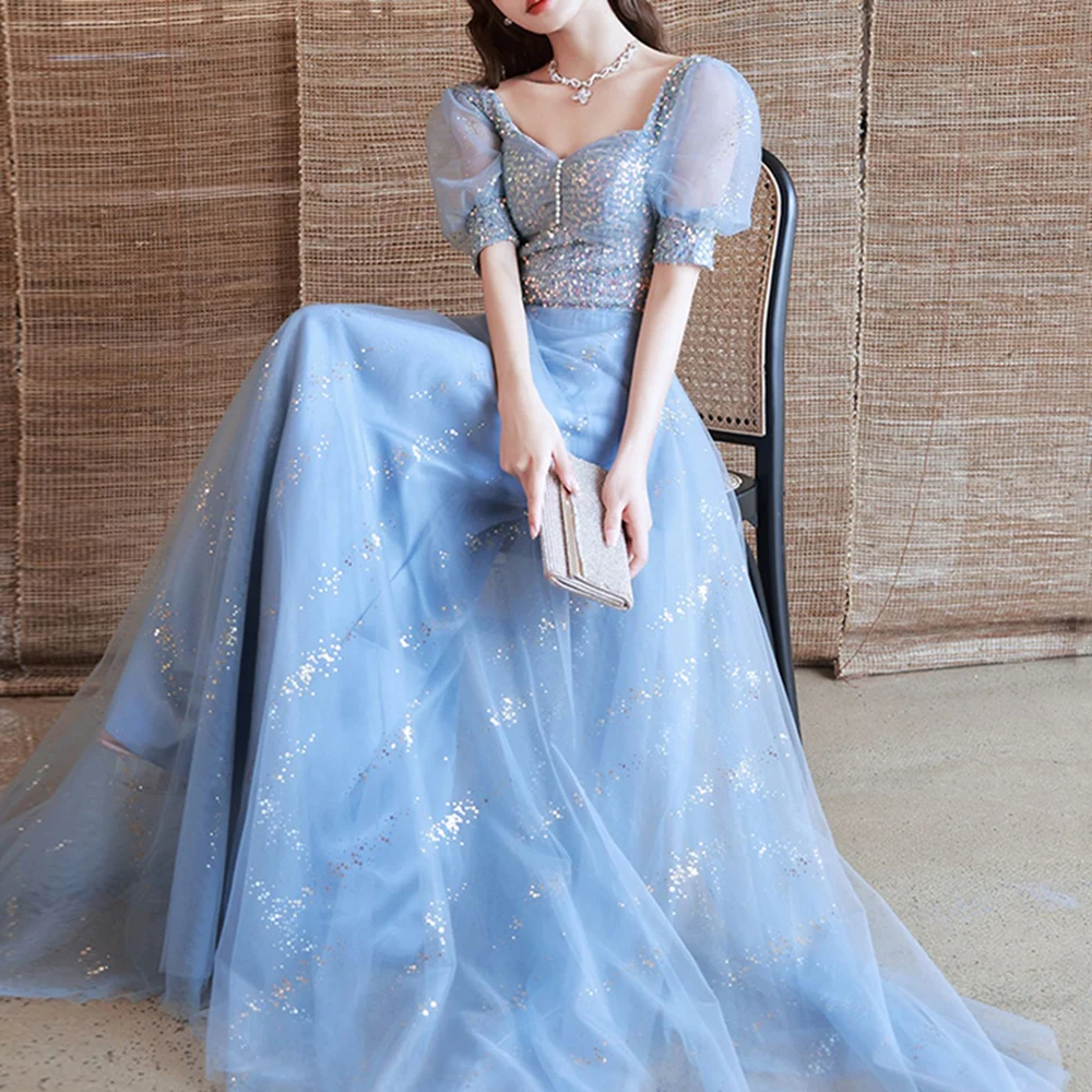 

Glittery A-Line Prom Gown V-Neck Princess sleeve Backless Blue Tulle Floor-Length Party Dress Sequined Exquisite Evening