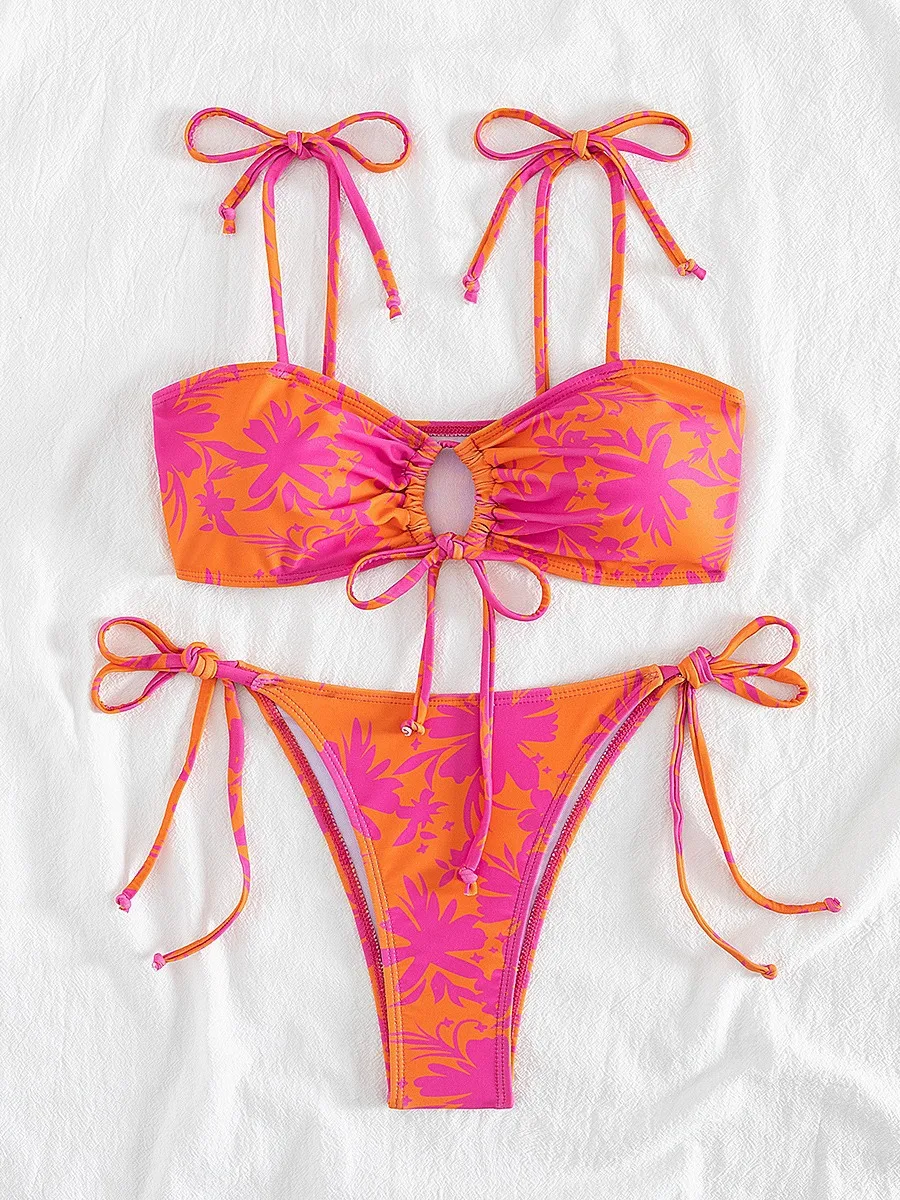 sexy floral print bandeau bikinis sets two pieces tie bow bathing suit swimsuit swimwear women beach outfits biquini tankini