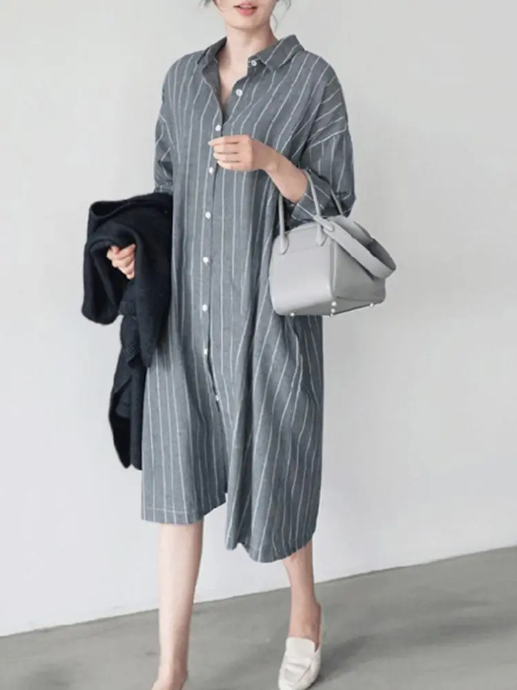 Autumn Sundress ZANZEA Elegant Shirt Dress Women Lapel Neck Long Sleeve Stripe Sundress Work Vestidos Robe Femme Holiday Kaftan