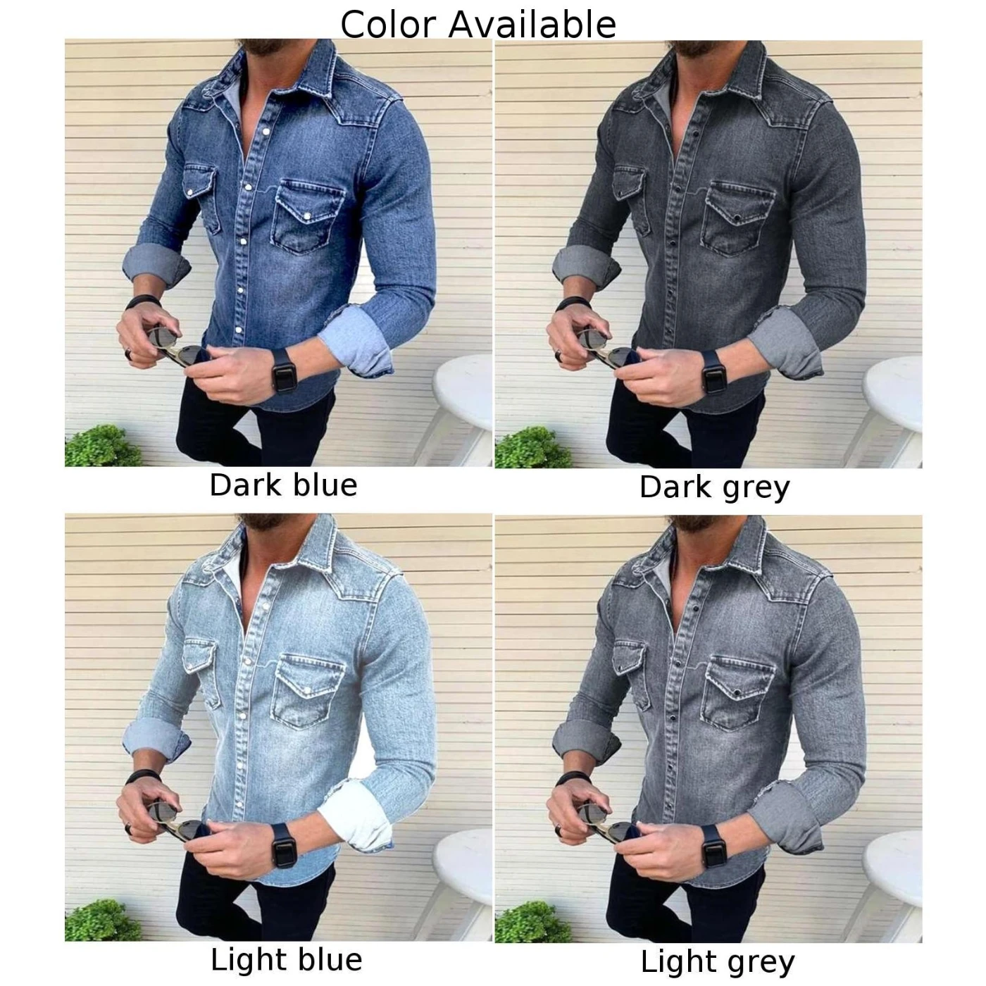 Mens Casual Slim Shirt Jeans Long Sleeve Tops Chest Pocket Snap Button Down Tops Fashion Denims Shirt Cotton Autumn