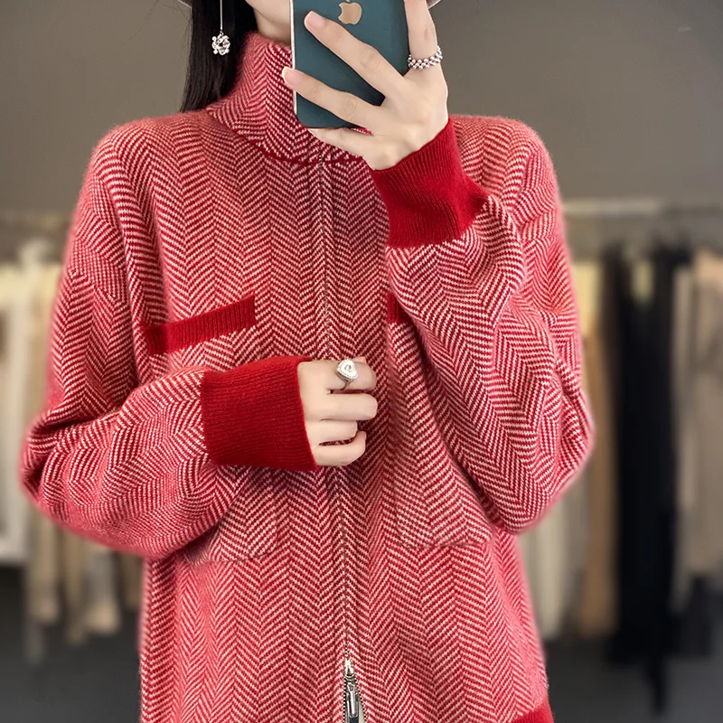 Women\'s cardigan 100% Australian wool sweater color matching knitted high neck full sleeve jacket Women\'s new pure wool sweater