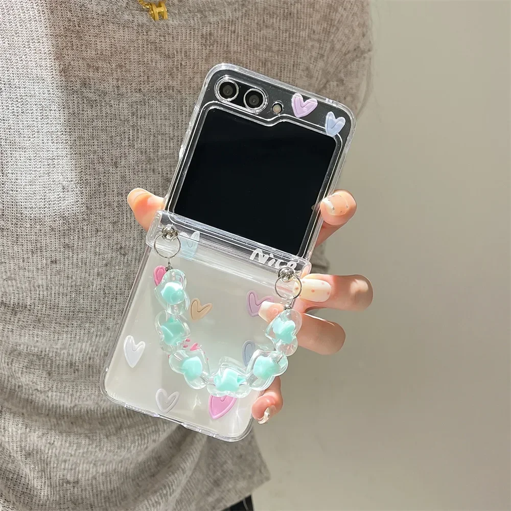 Cute Butterfly Love Heart Phone Case with Wrist Strap For Samsung Galaxy Z Flip 6 5 4 3 5G Hinge Protection Clear Hard Cover