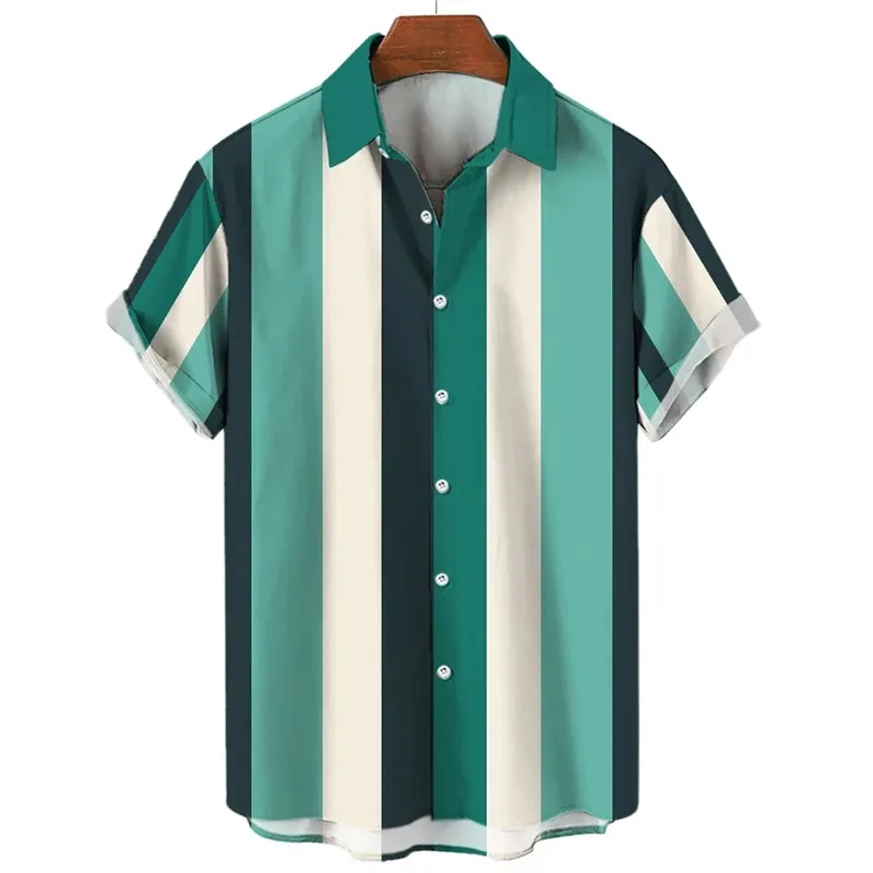 Fashionable striped printed shirt for men, summer loose-fitting clothing, casual short-sleeved buttoned shirt, Hallyanna shirt