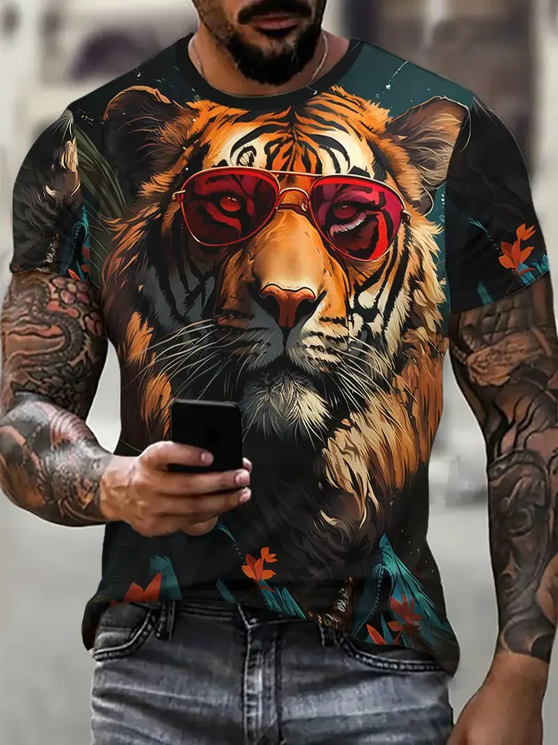 

3D Tiger print men's crew neck short sleeve T-shirt, casual summer T-shirt, everyday wear with fashionable street wear