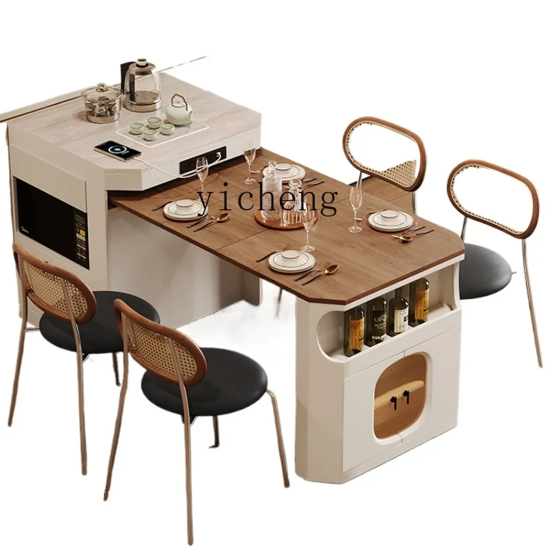 

ZF Retractable Folding Integrated Kitchen Island Dining Table Household Multi-Functional Cream Style Retro Dining Table