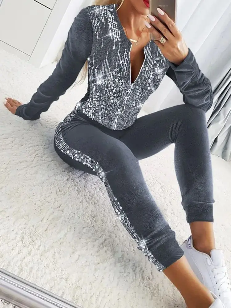 Elegant Women\'s Sets Tracksuits 2024 Contrast Sequin Zipper Design Coat & High Waist Pants Set for Women 2 Pieces Matching Suits