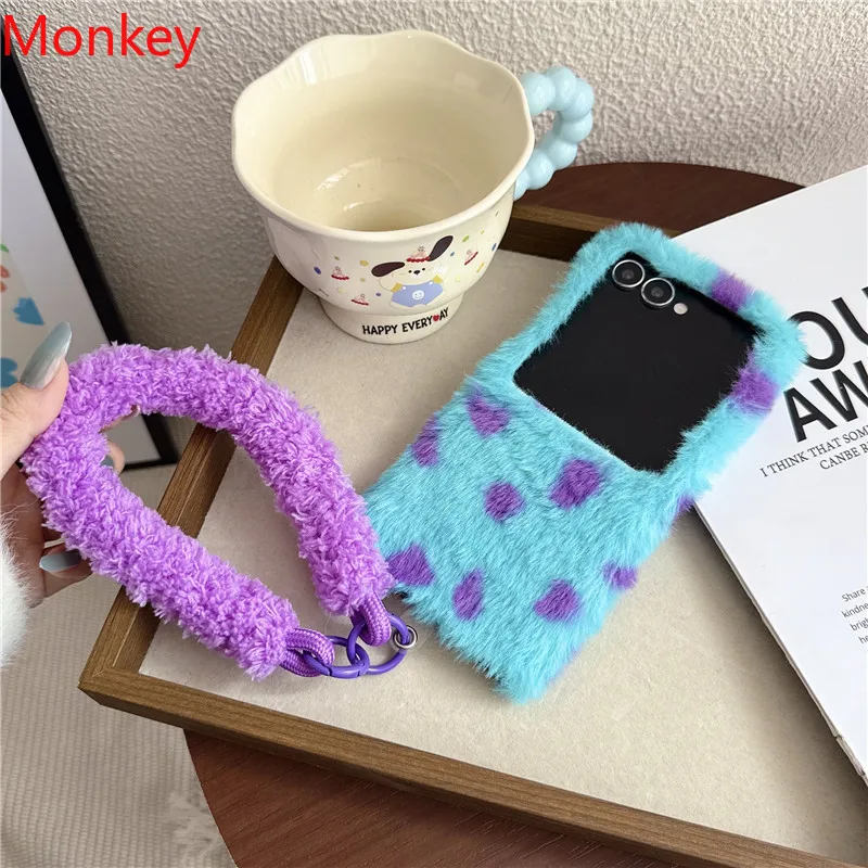 Plush Blue Spot Pattern Cute Phone Cases With Chain For Samsung Galaxy Z Flip 8 7 FE 6 5 4 3 ZFlip8 ZFlip7 Hard Protective Cover