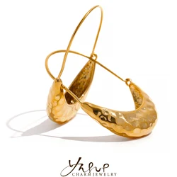 Yhpup Golden Stainless Steel Drop Dangle Hoop Earrings Ear Hook Tarnish Free Minimalist Metal Texture Women Fashion Jewelry