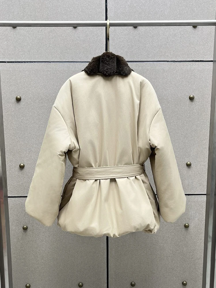 Customized long fur collar belted down jacket, 2026 autumn-winter new style elegant and warm women's cotton coat