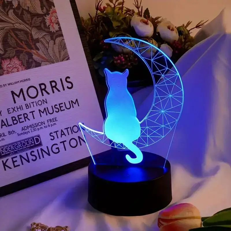 1PC Geometry Cat 3D Night Light, 3D Optical Illusion Lamp With Touch, 7-Color Changing Ambient Light For Bedroom
