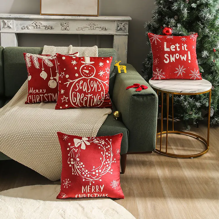 

45x45cm Throw Cushion Cover Fashion Nordic New Year Red Velvet Christmas Snowman Print Bedroom Sofa Comfort Pillow Case Cover