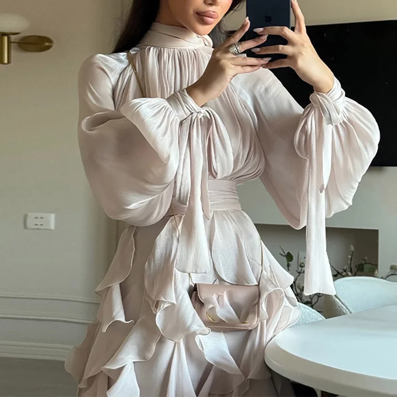 Senhora casual gola alta em camadas vestido de banquete elegante manga longa cor sólida vestido de noite moda cintura alta plissado vestido de festa