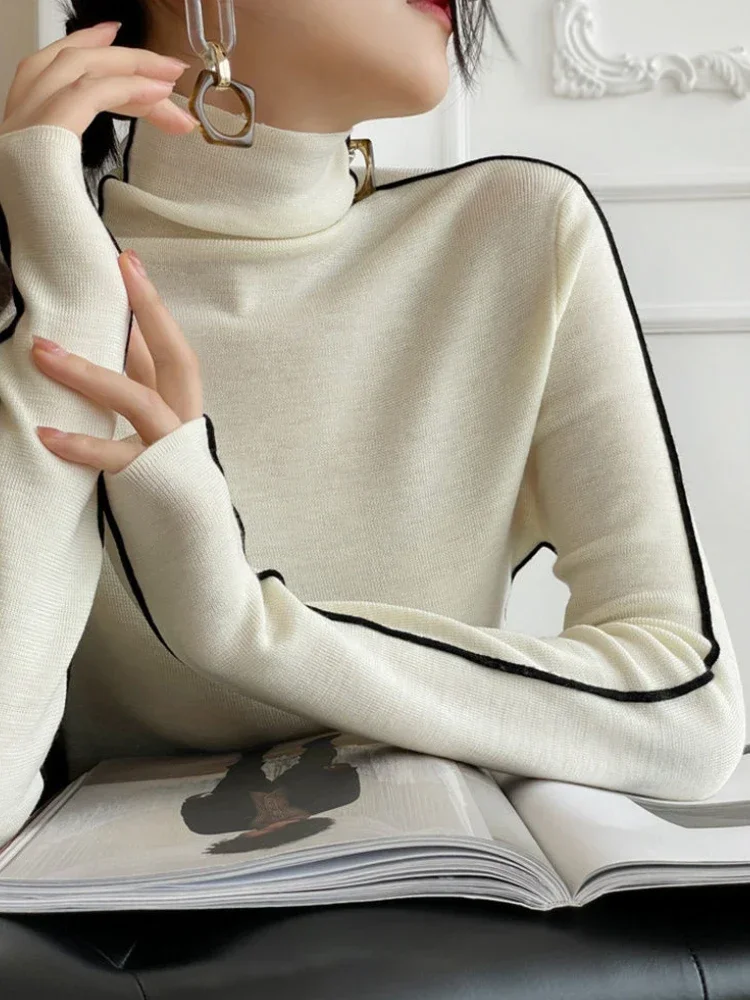 Slim Fit Women Sweaters Long Sleeve Patchwork Knitted Tops Autumn Winter Korean Turtleneck Sweater Fashion Y2K Pullovers Clothes