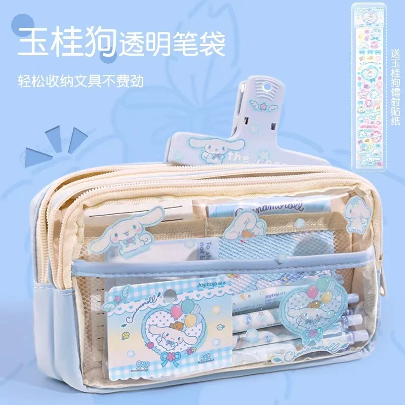 Saco de papelaria transparente de três camadas, Lápis Kuromi Estojo, Desenhos animados japoneses, Melodia Cinnamoroll Nível de Aparência Alta, Pen