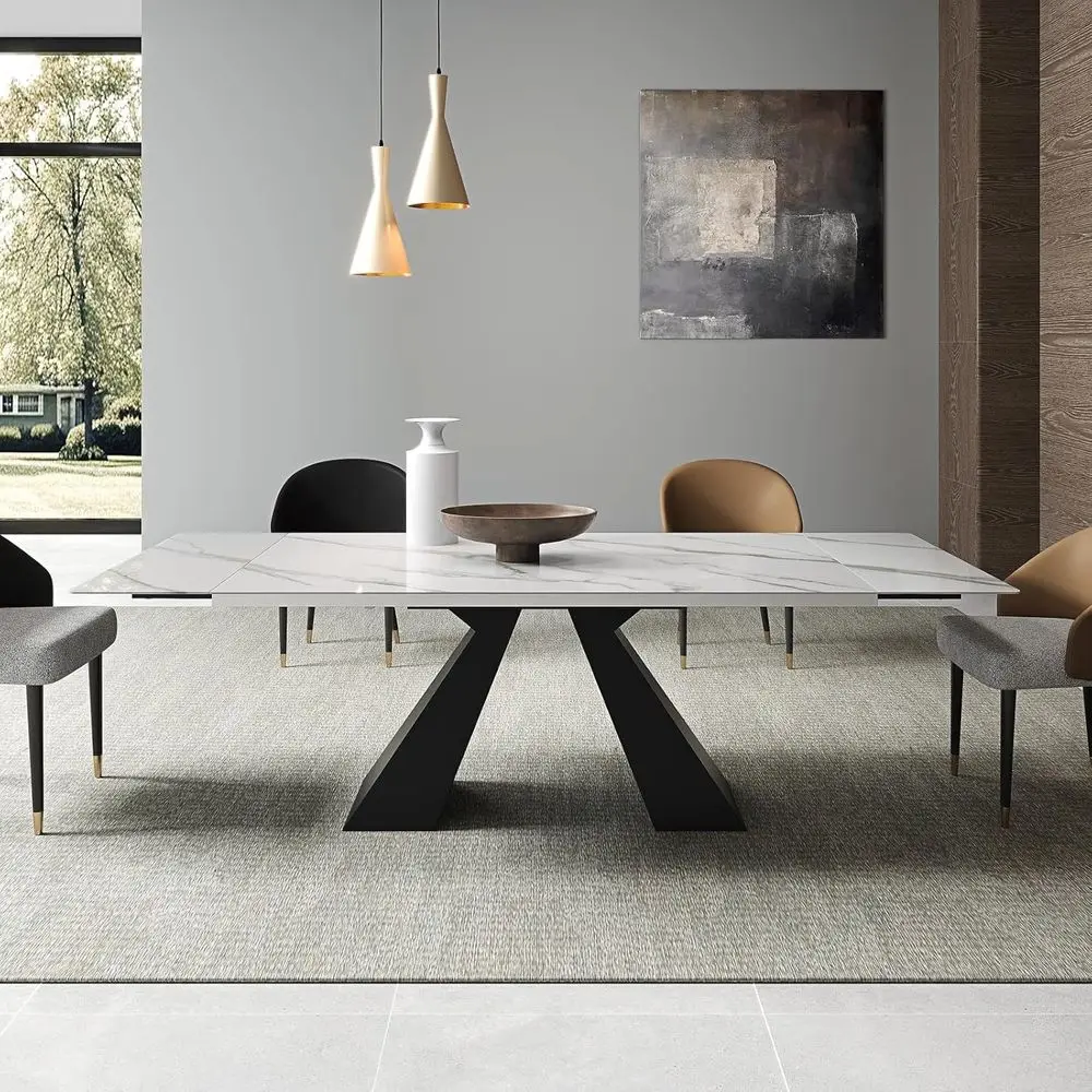 

Expandable Dining Table for 8-10, 63-94.5 White Marble-Look Top, Sturdy Steel Base for Family Gatherings