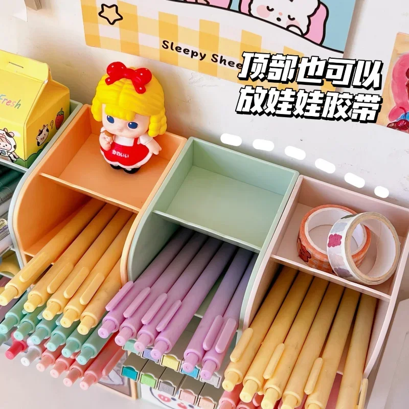 Creative Multifunctional 4 Grid Desktop Organizer Pen Holder, Kawaii Creative fashion oblique wheat stalk