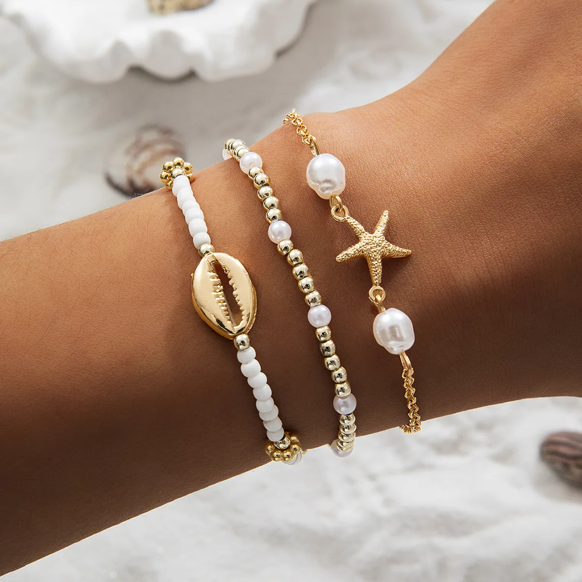 3 pçs verão concha pulseira conjunto para mulheres bohemia estrela do mar charme pérola semente contas corrente pulseira feminino praia férias jóias presente