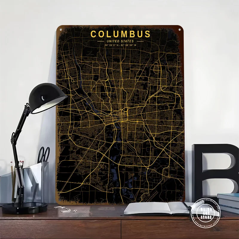 Columbus Golden City Map Tinplate Posters Customizable Wall Art Retro Vintage Metal Signs for Home Room Garage Decoration Gaming
