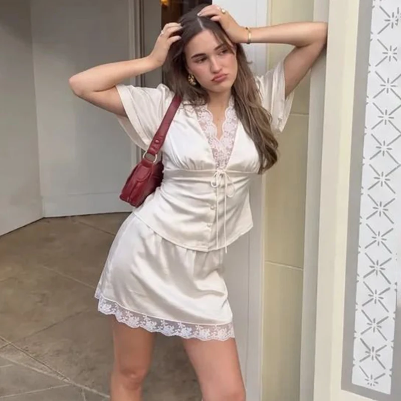 

Typhaland Women's Lace Skirt Suits Satin Elegant V neck Short Sleeve T shirt Slim Mini Skirt 2 Piece Set Fashion Commuting Sets