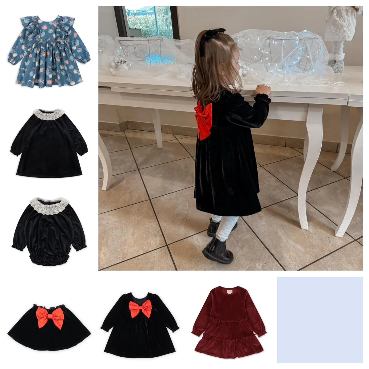 Christmas Theme Long Sleeve Children's Skirt with Large Bow Knot New Year's School Style Puffy Dress for Girls Autumn Winter