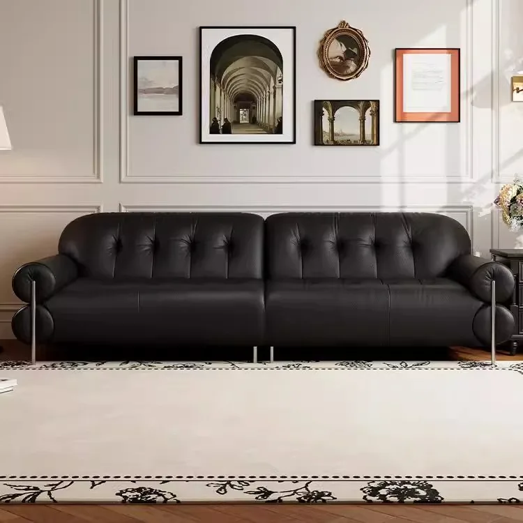 French retro wind cloud sofa Italian minimalist straight row small apartment first layer leather sofa