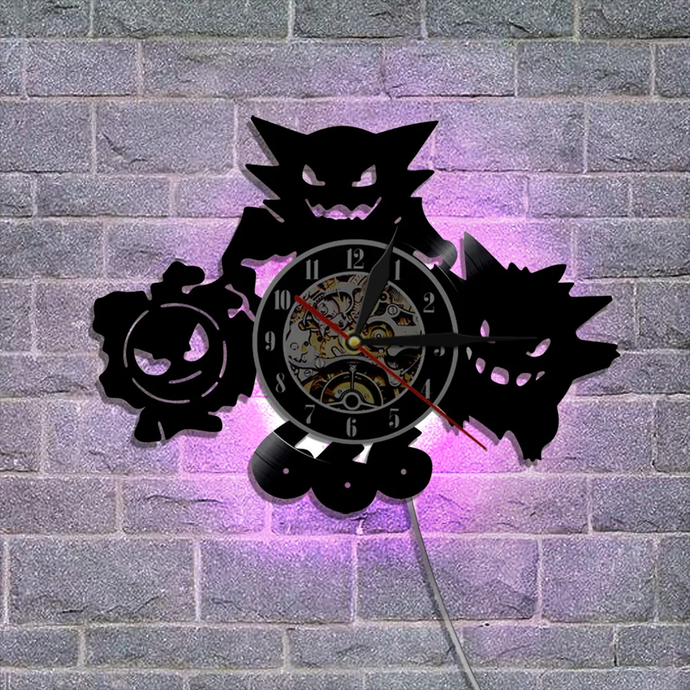 Pokemon Wall Clock Pikachu Gengar Snorlax Charizard Mewtwo Jigglypuff Black Vinyl Record Wall Clocks Cartoon Anime Home Decor