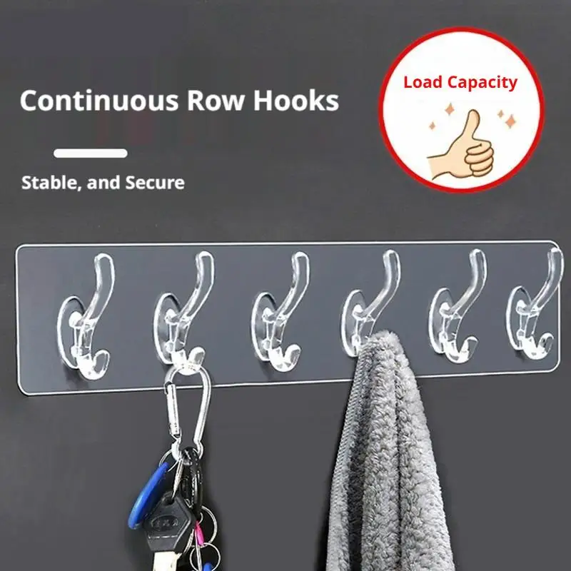 Transparent 6-Hook No-Trace Strong Adhesive Strip Sticky Wall Hooks For Towels Coats