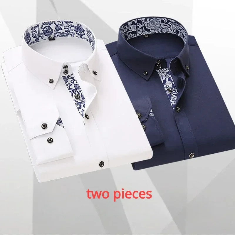 Blue and White Porcelain Collar Shirt Long Sleeve Men\'s Dress Shirts Slim Fit Two Pieces Set Button Down Business Casual Shits