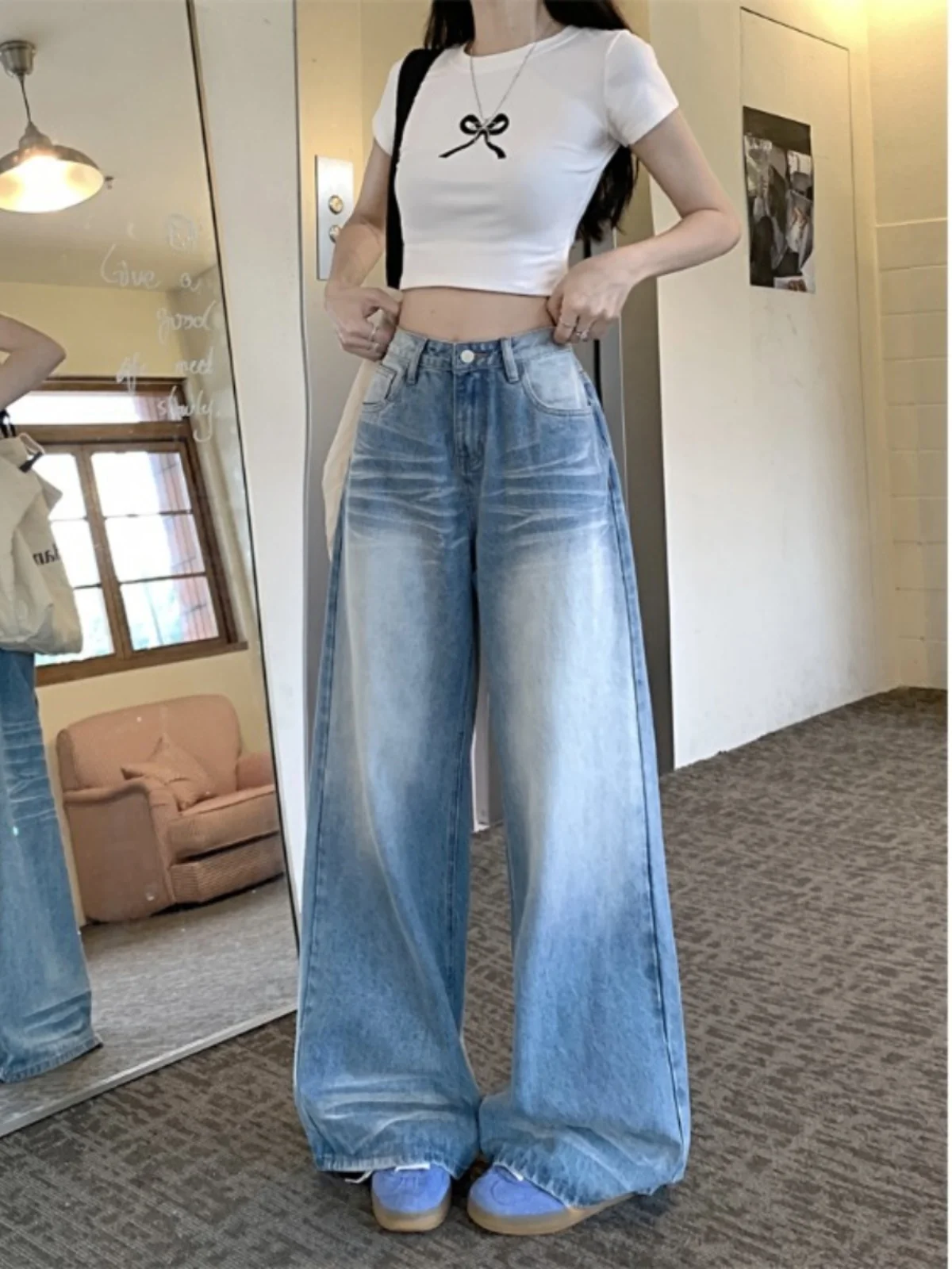 Washed Vintage Women's Jeans High Waist Floor-Length Loose Leggings Spring 2026 New Style Commute Style Multi-Pocket Design