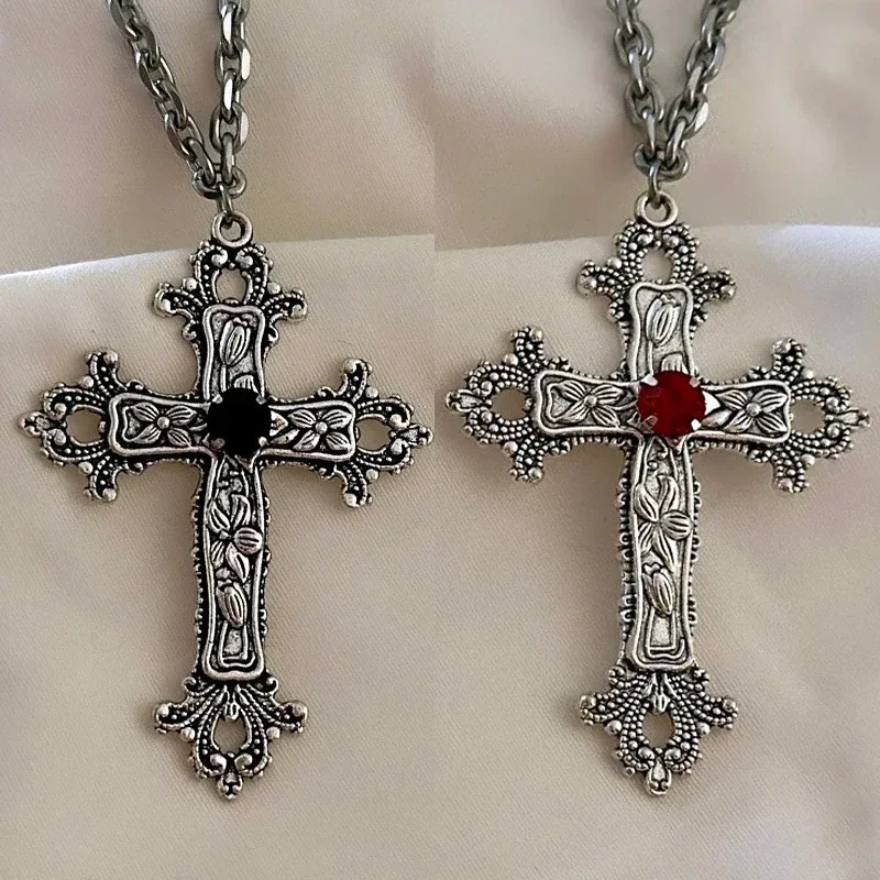 Y2K الشرير الأحمر كريستال الصليب قلادة القلائد للنساء الرجال القوطية الكبيرة الصليب سلسلة الترقوة القلائد الجمالية مجوهرات هدايا #3
