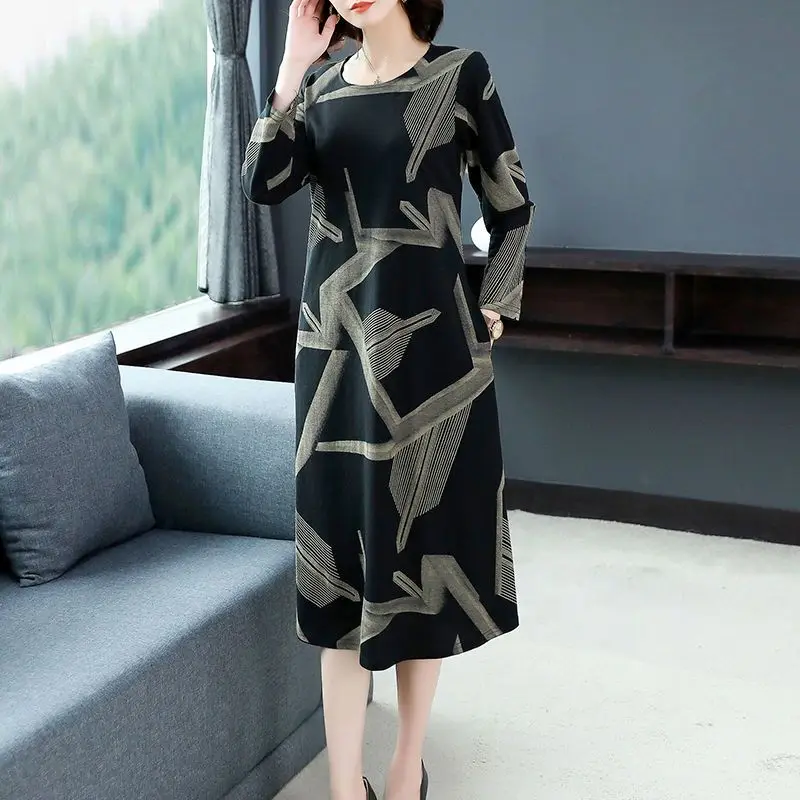 

Round Necked Fashionable Printed Long Sleeved Autumn Women's New Long Skirt Spring Loose Casual Versatile Comfortable Dress