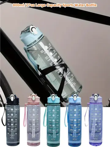 800ml/27oz Large Capacity Sports Water Bottle Leak Proof Plastic Drinking Cup With Time Scale Suitable For Travel Fitness Sports