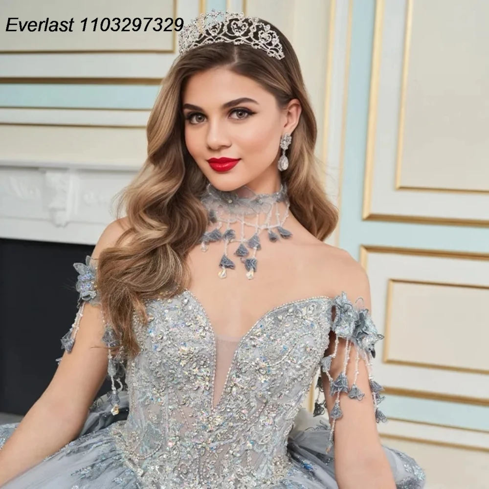 Evolt personalizado cinza quinceanera vestido de baile fora shoudler renda applique frisado capa doce 16 vestidos de 15 anos tqd842