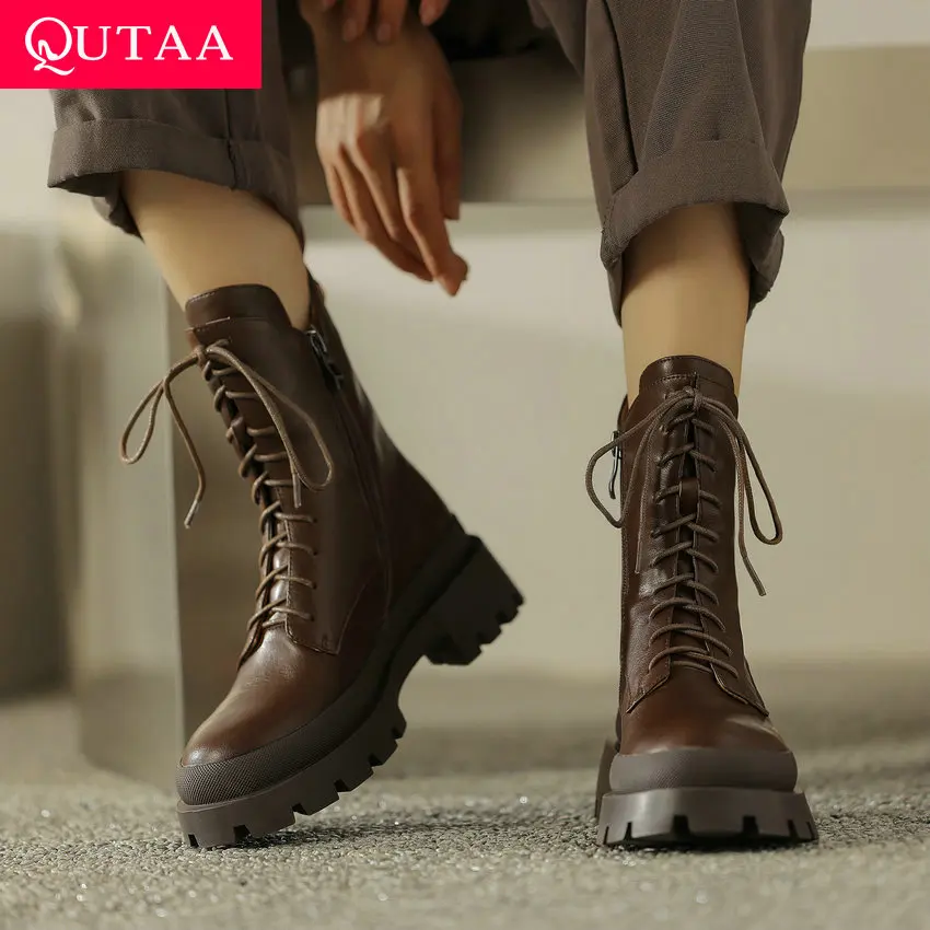 QUTAA 2024 Motorcycle Women Ankle Boots Thick Med Heels Round Toe Office Lady Cross-Tied Genuine Leather Shoes Woman Size 34-39