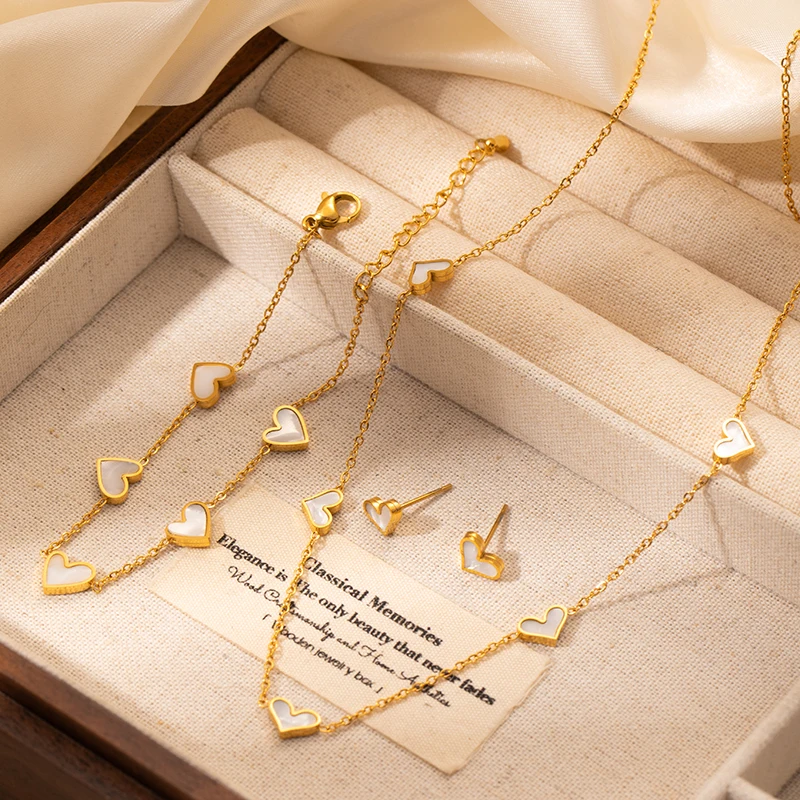 ENSHIR 316L Stainless Steel Heart White Shell Necklace Bracelet Earrings For Women Girls Simple Fashion Jewelry Gifts Wholesale