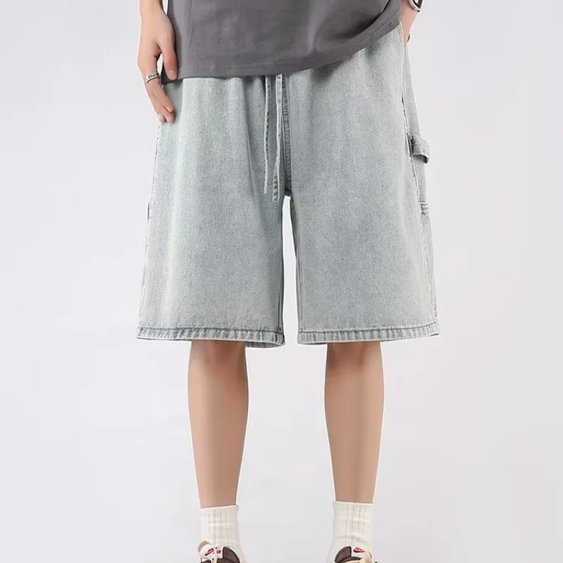 

Мужские джинсы до колена, джинсовые шорты, винтажные широкие шорты, потертые свободные летние повседневные однотонные сращенные карманы, новинка 2023 года