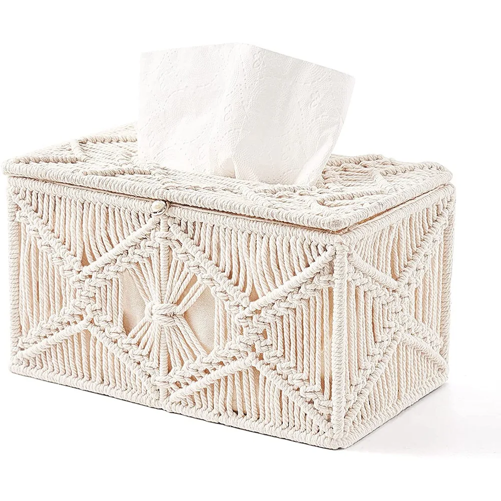 

Tissue Box Cover Boho Decor Rectangular Paper Tissue Holder with Bead Buckle Macrame Napkin Tissues Organizer Home Decor