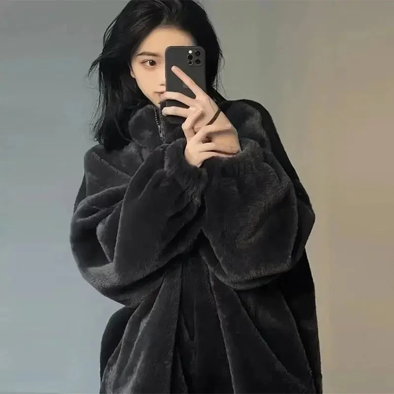 Black Fleece Jacket female Korean Style Winter Clothes Women Warm Zip Up Fluffy Jacket Oversize Faux Fur Coats Female Outerwears