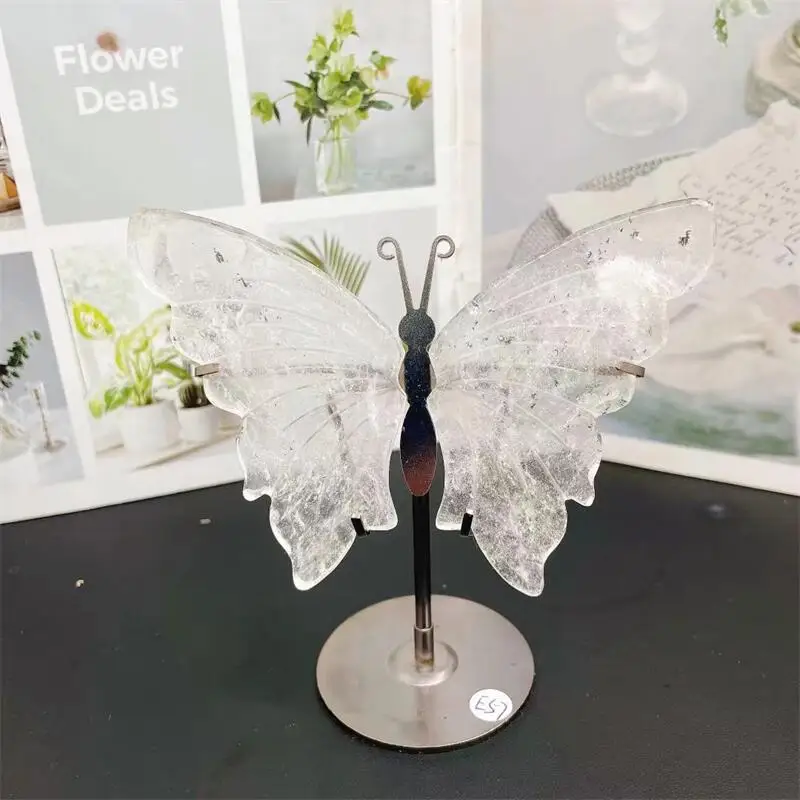 Natural Clear Quartz Butterfly Wing Carving Crafts Healing Stone Gifts Home Ornament Decoration 1pair
