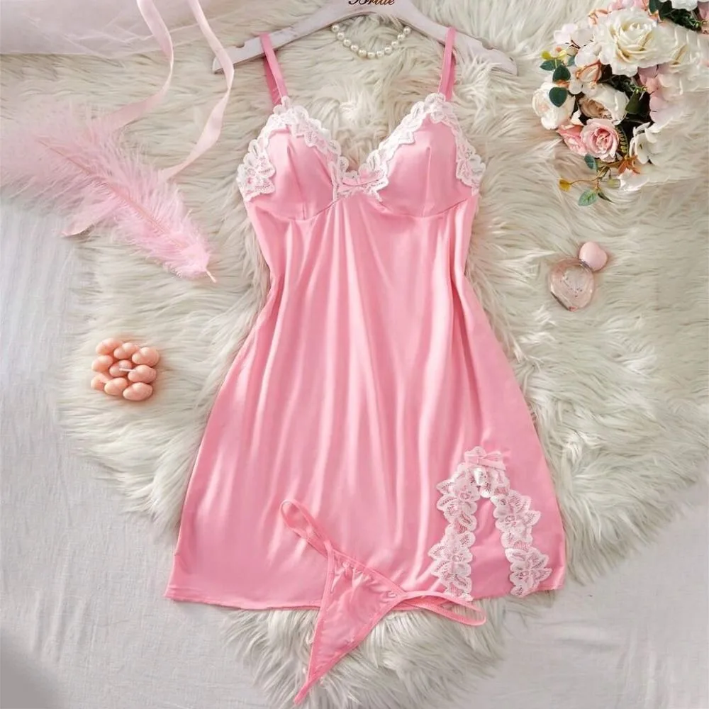 

Fork Design Women's Pajama Dress with Underpants Sleeveless Lace Suspender Nightgown Solid Color Spicy Girl