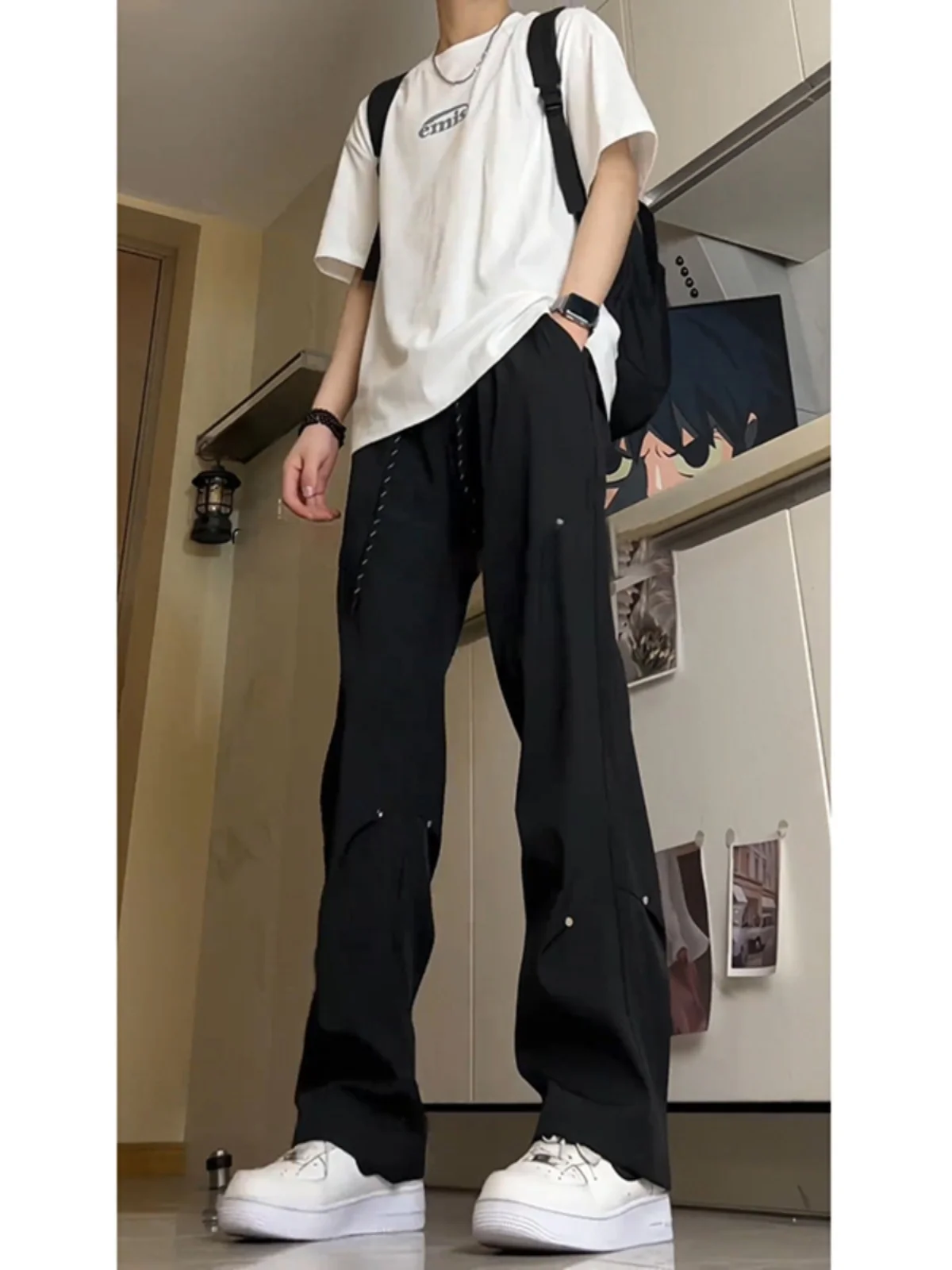 

Retro American Sle Men's Bla Ice Silk Pants with Willowing Legs And Bules for Casual Wear Straight Leg Anti-Wrinkle