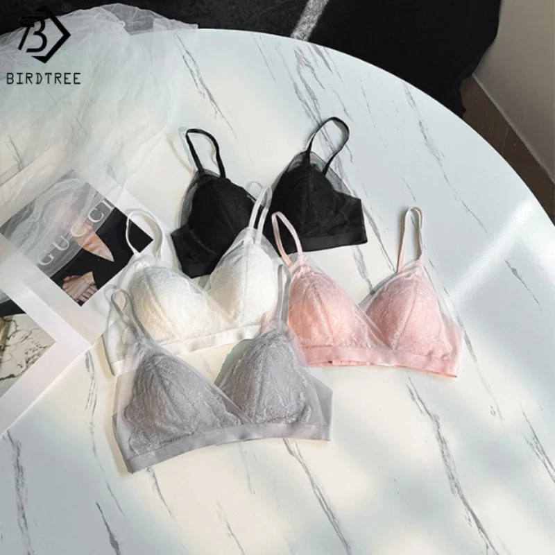 Birdtree, Lining 100% Silk Lace Bra, Women French Style Triangle Cup Breathable Solid V-neck Underwear, 2025 New B57637JF
