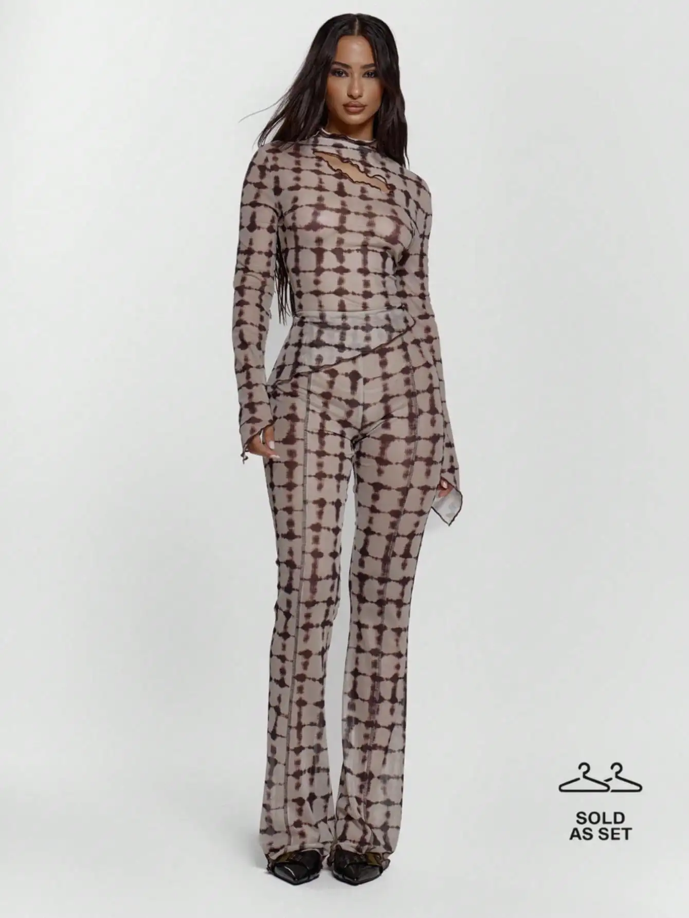 

BWQ Сетчатый топ с высоким воротником и клетчатым принтом, топ с вырезом на подоле и облегающими расклешенными леггинсами, комплект сексуального выхода на осень, осень, ночь на выход