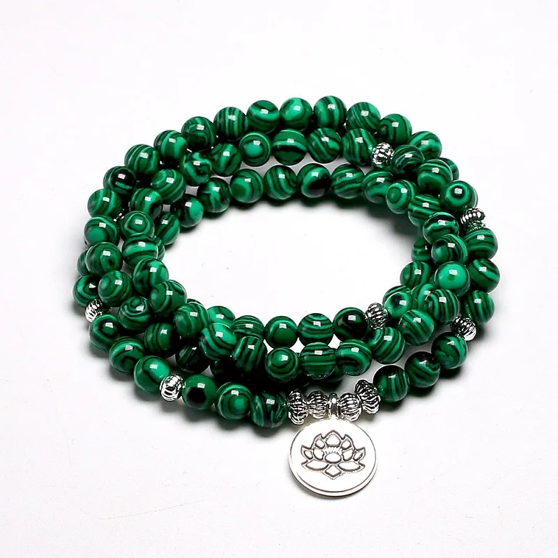 Natural 108 Malachite Rosary Lotus Bracelet for Women Stone Beaded Round Shape Diabetes Relief Bracelets Men Jewelry